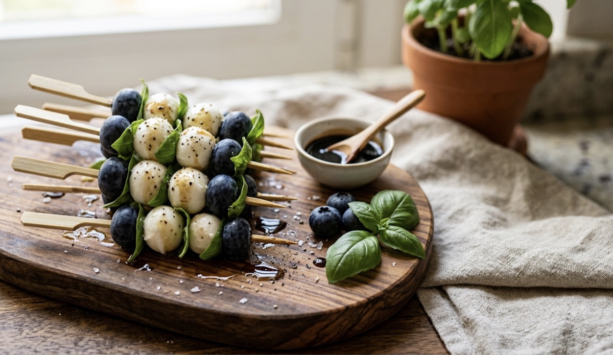 Brochetas caprese de arándanos