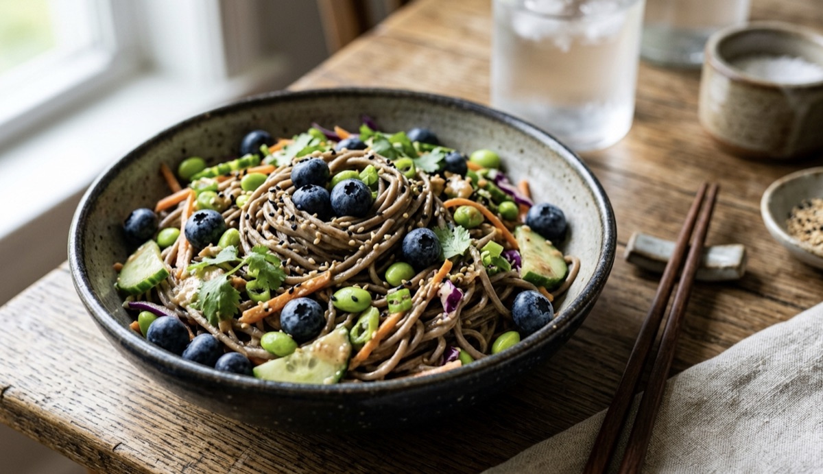 Ensalada de fideos soba con arándanos