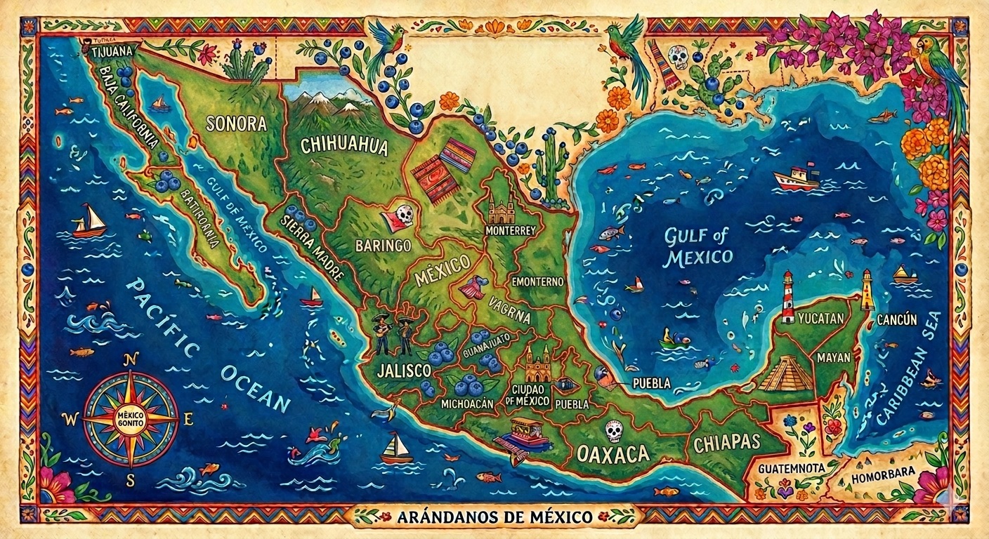 Mapa de México con estados productores de arándano