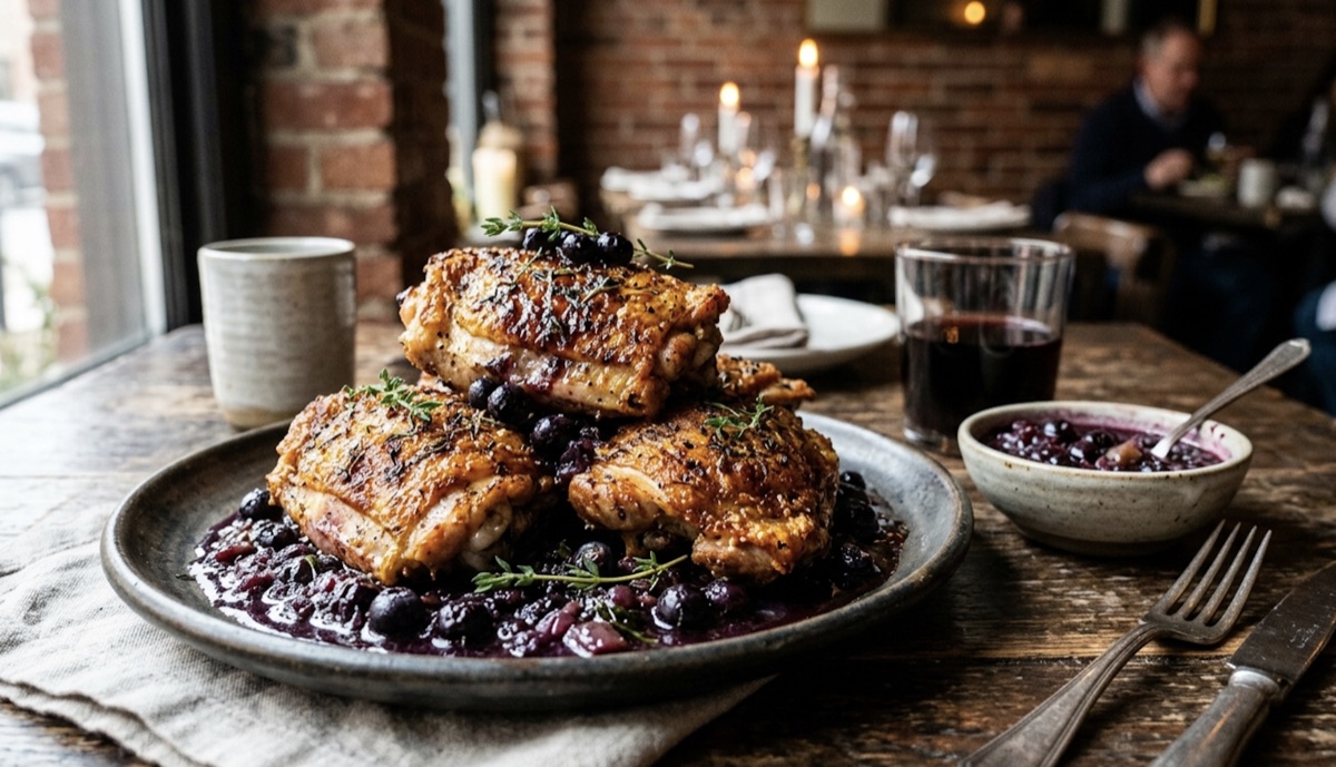 Muslos de pollo crujientes con salsa de arándanos