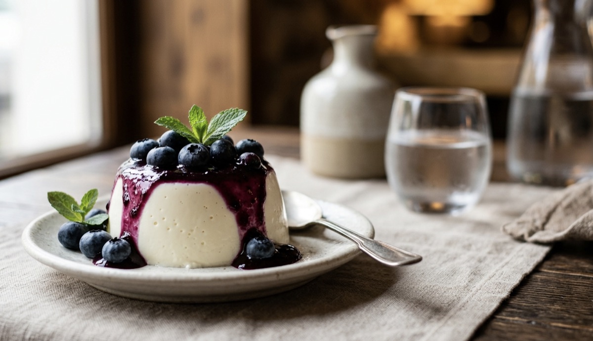 Panna cotta con coulis de arándanos