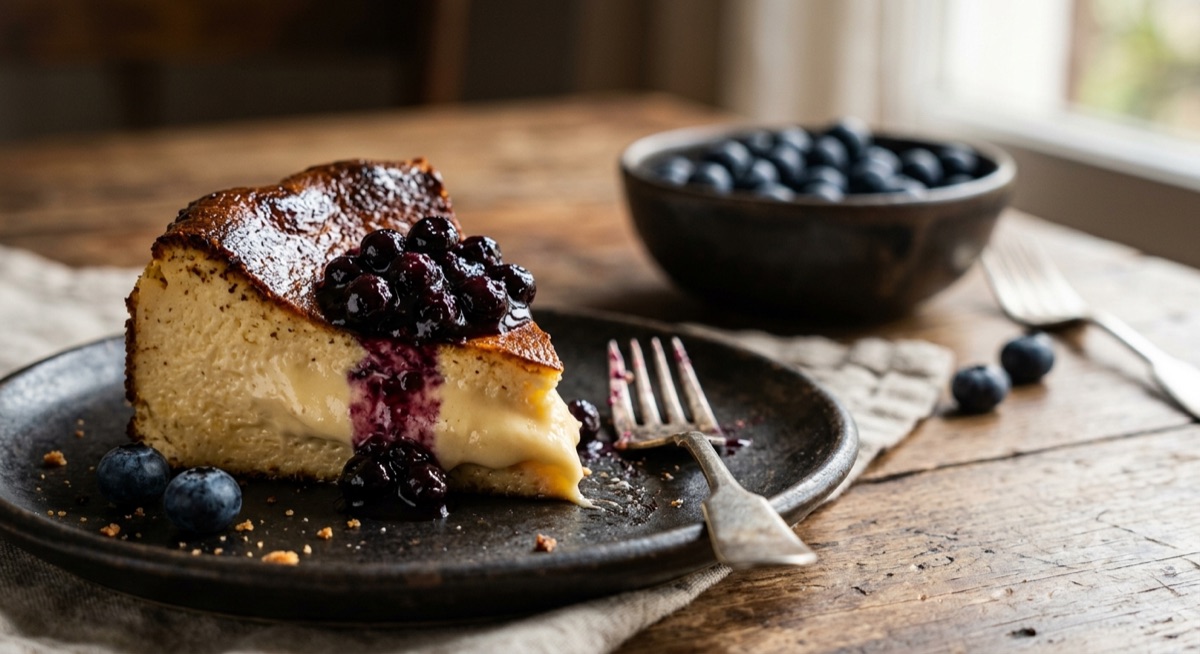 Tarta de queso vasca con arándanos